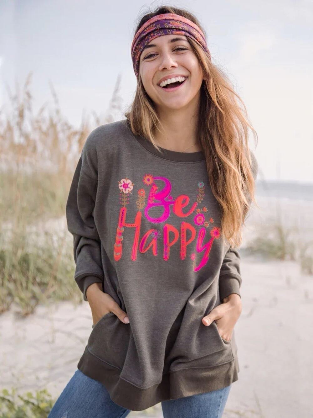 NATURAL LIFE Be Happy Floral Boho Hippie Comfy Relax Pocket Sweatshirt Sz M